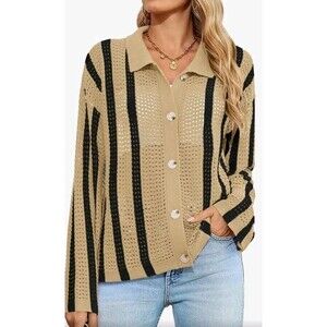 Women’s Striped Crochet Button Collared Cardigan Tan Black Mesh Lightweight, New